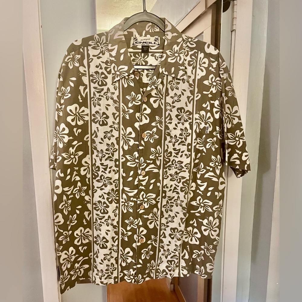 Tropical Boho Button Down Short Sleeve Shirt, L